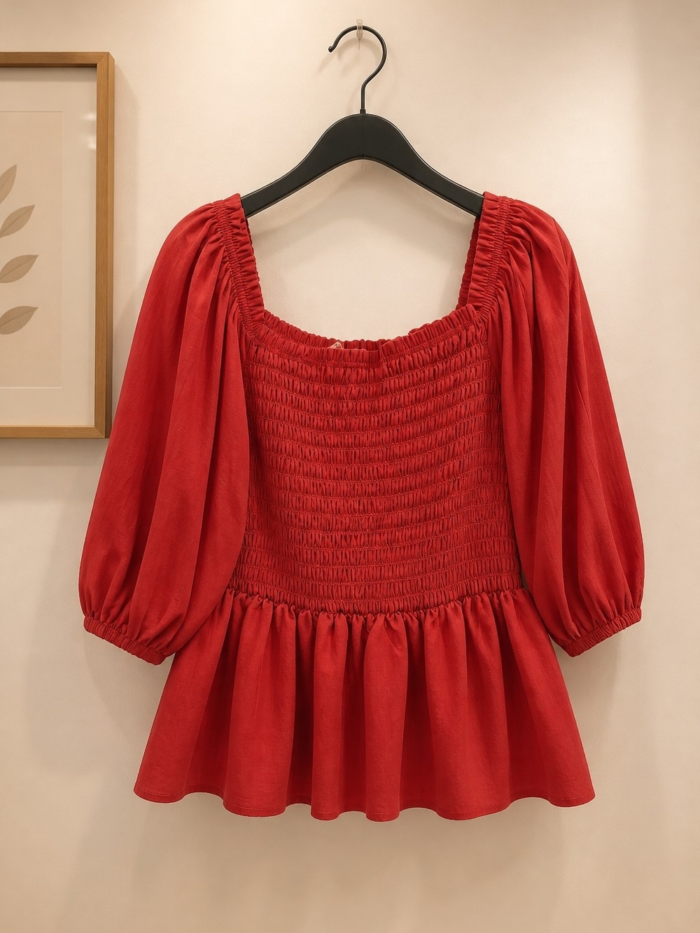 Smocked Red Peplum Blouse with Puff Sleeves